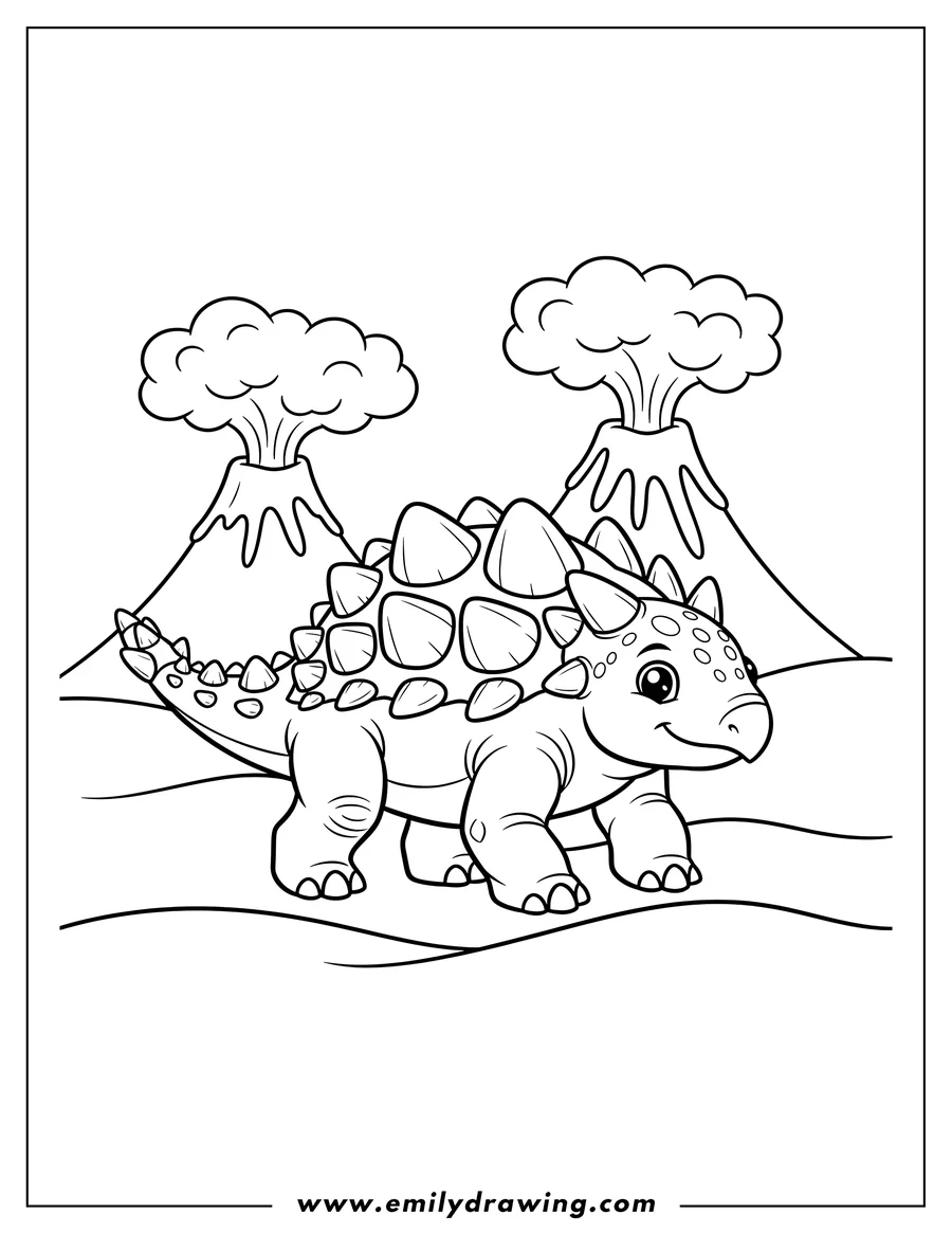 Downloadable coloring page of armored Ankylosaurus walking with a club tail and volcano background