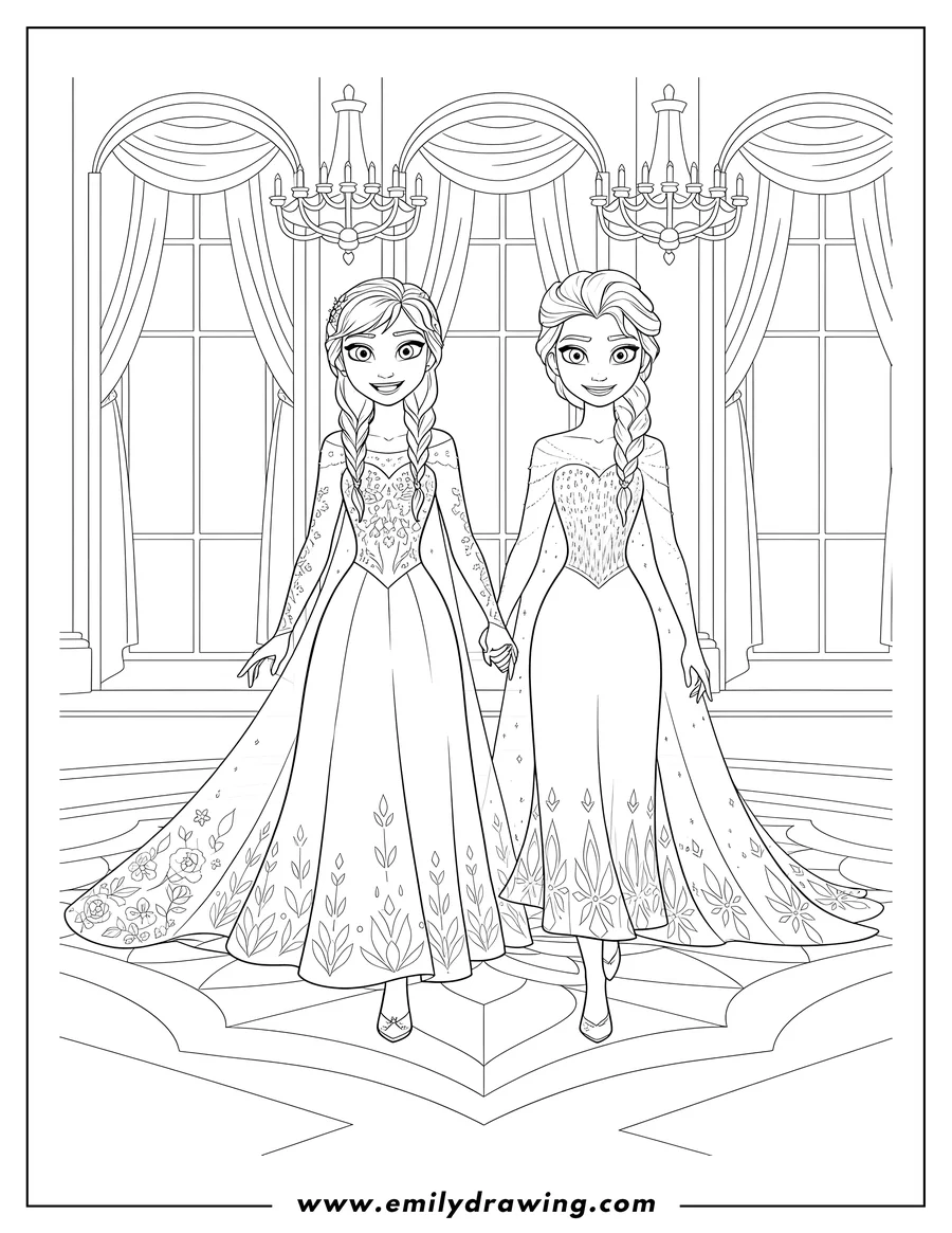 Printable line art of anna And Elsa smiling, walking, and holding hands in elegant gowns in a ballroom