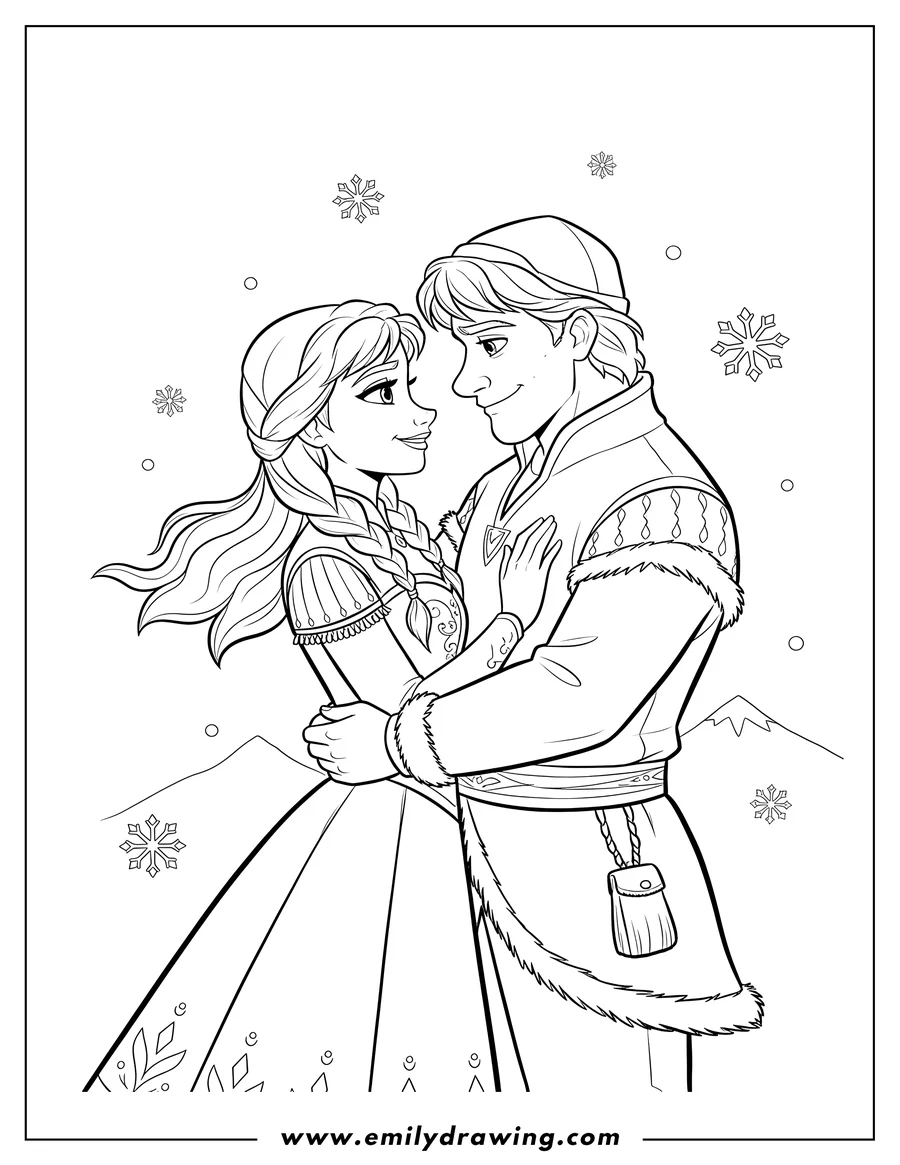 High quality printable anna and Kristoff embracing and looking lovingly at each other for coloring