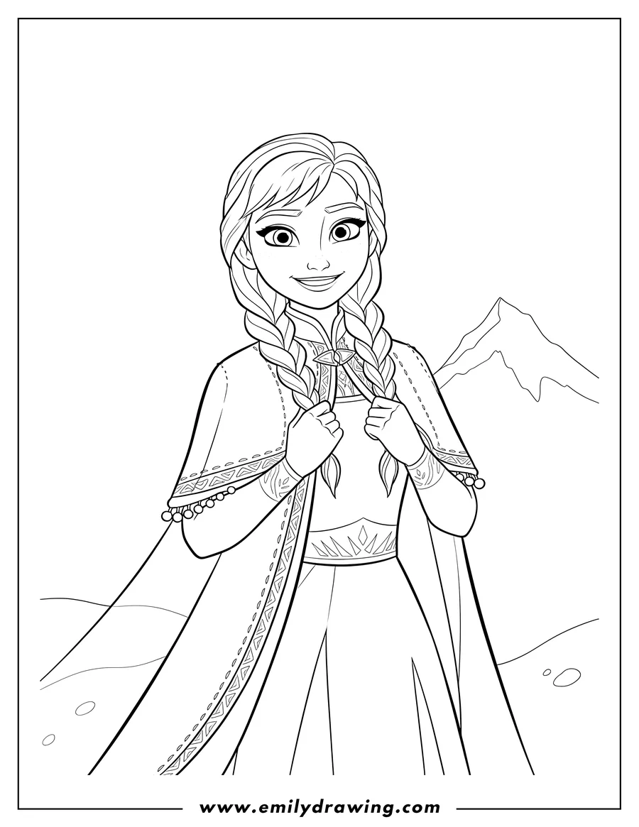 Doodle style coloring picture of anna Frozen holding her cape