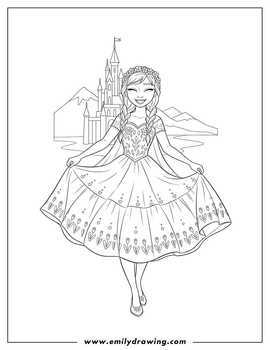 Printable coloring page of anna in her summer dress, smiling and holding her skirt, in Arendelle