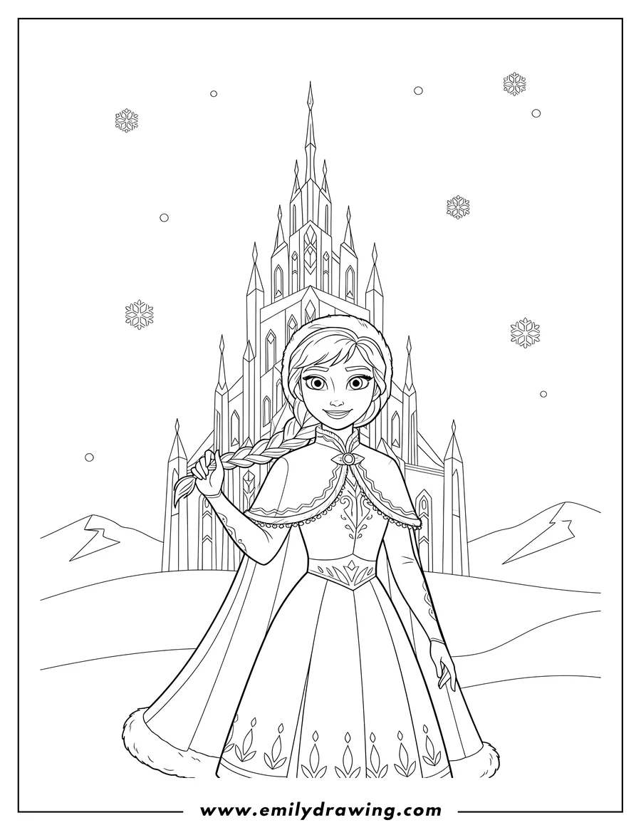 PDF style coloring page: anna holding her braid and wearing a cape, standing in front of Elsa's Winter Castle