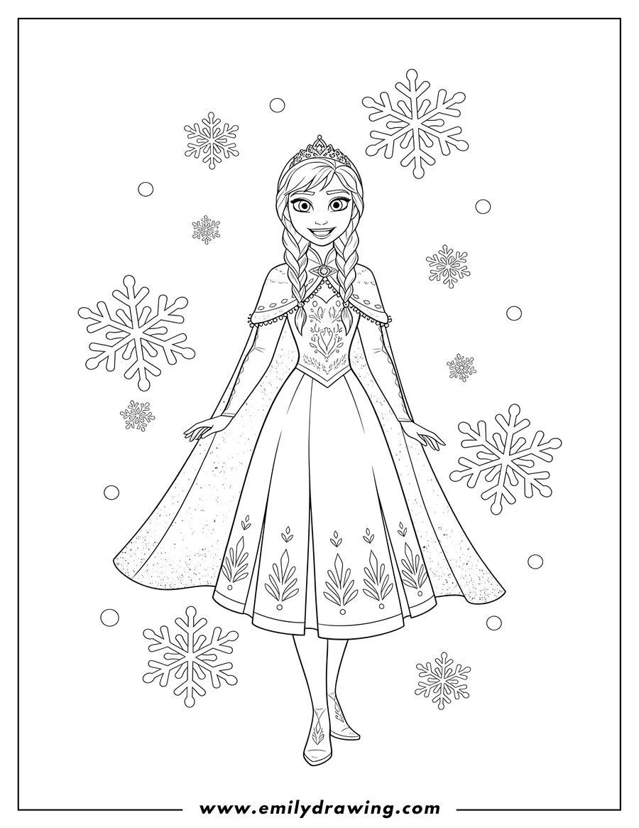 Coloring sheet featuring anna in her winter dress, standing and smiling, surrounded by falling snow
