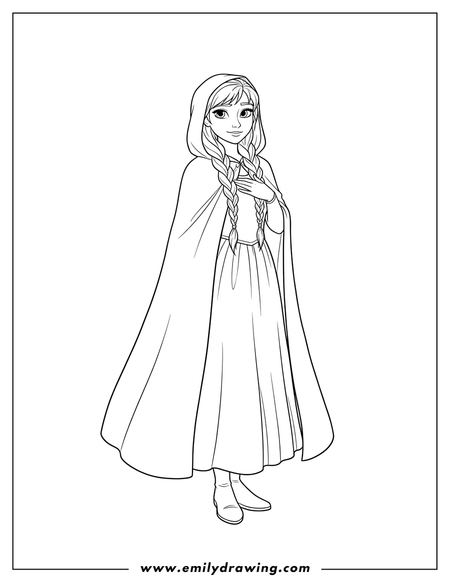 Coloring page of anna Scaled, wearing her long cloak, standing with her hand to her chest