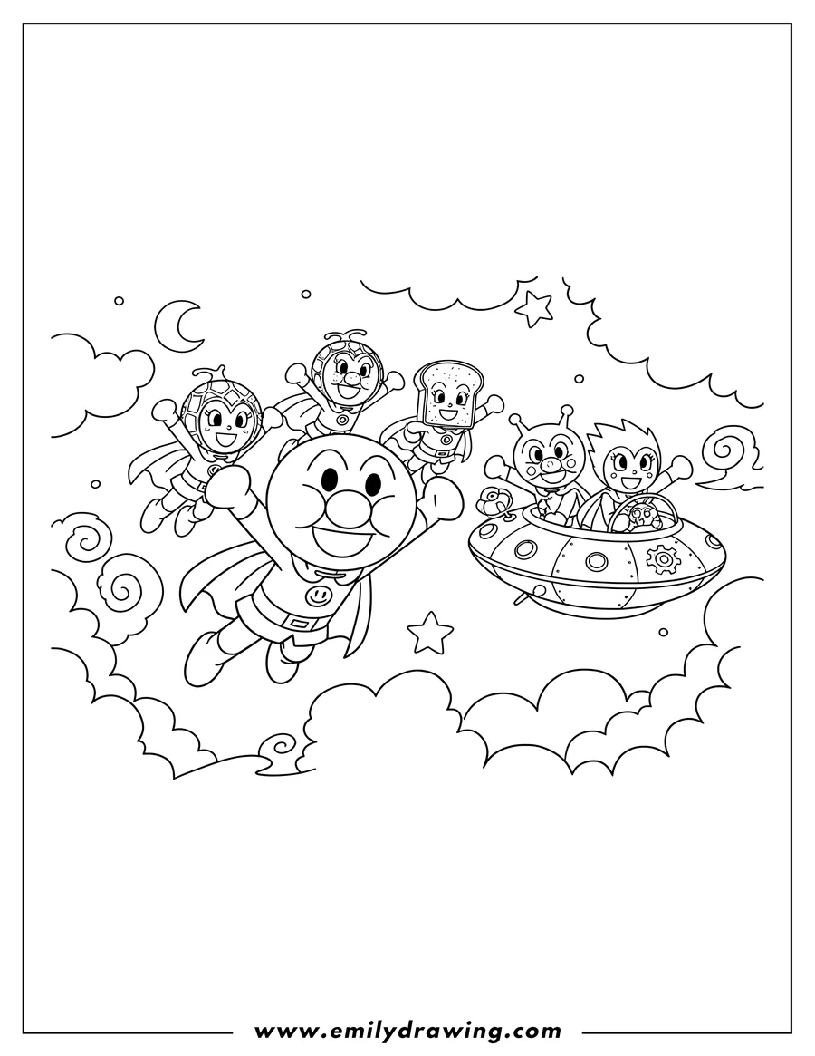 Clean line drawing: anpanman and friends flying, with Baikinman and Dokinchan in a flying saucer