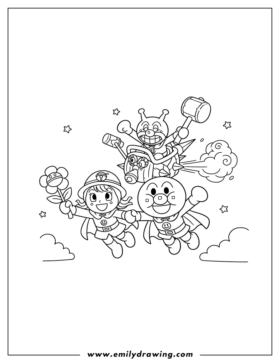 Doodle style coloring picture of anpanman and Rinrin Flying with a Flower, Chased by Baikinman in his Spiked Vehicle holding a Hammer