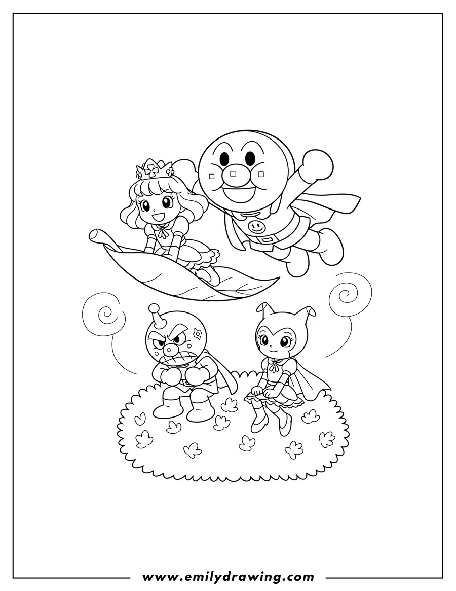 Downloadable coloring page of anpanman flying with Princess Cloverlove sitting on a leaf, and Baikinman and Dokinchan on a bush