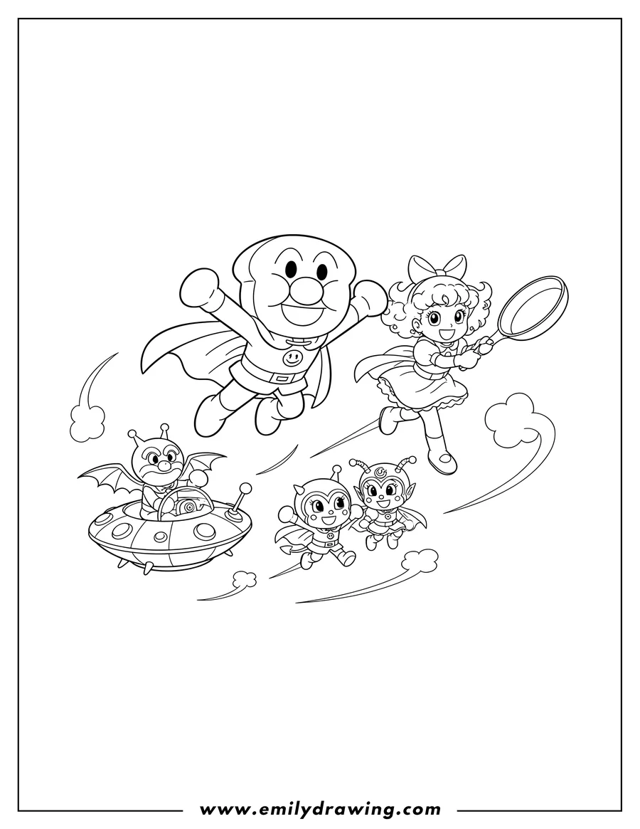 High quality printable anpanman flying, with Princess Vanilla holding a frying pan, Kokinchan, Dokinchan, and Baikinman in a flying saucer for coloring