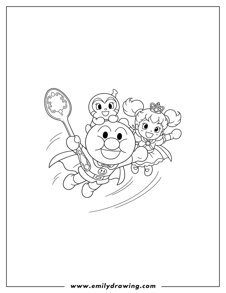 Printable line art of anpanman, Princess Vanilla holding a spoon, and Kokinchan resting on Anpanman, flying