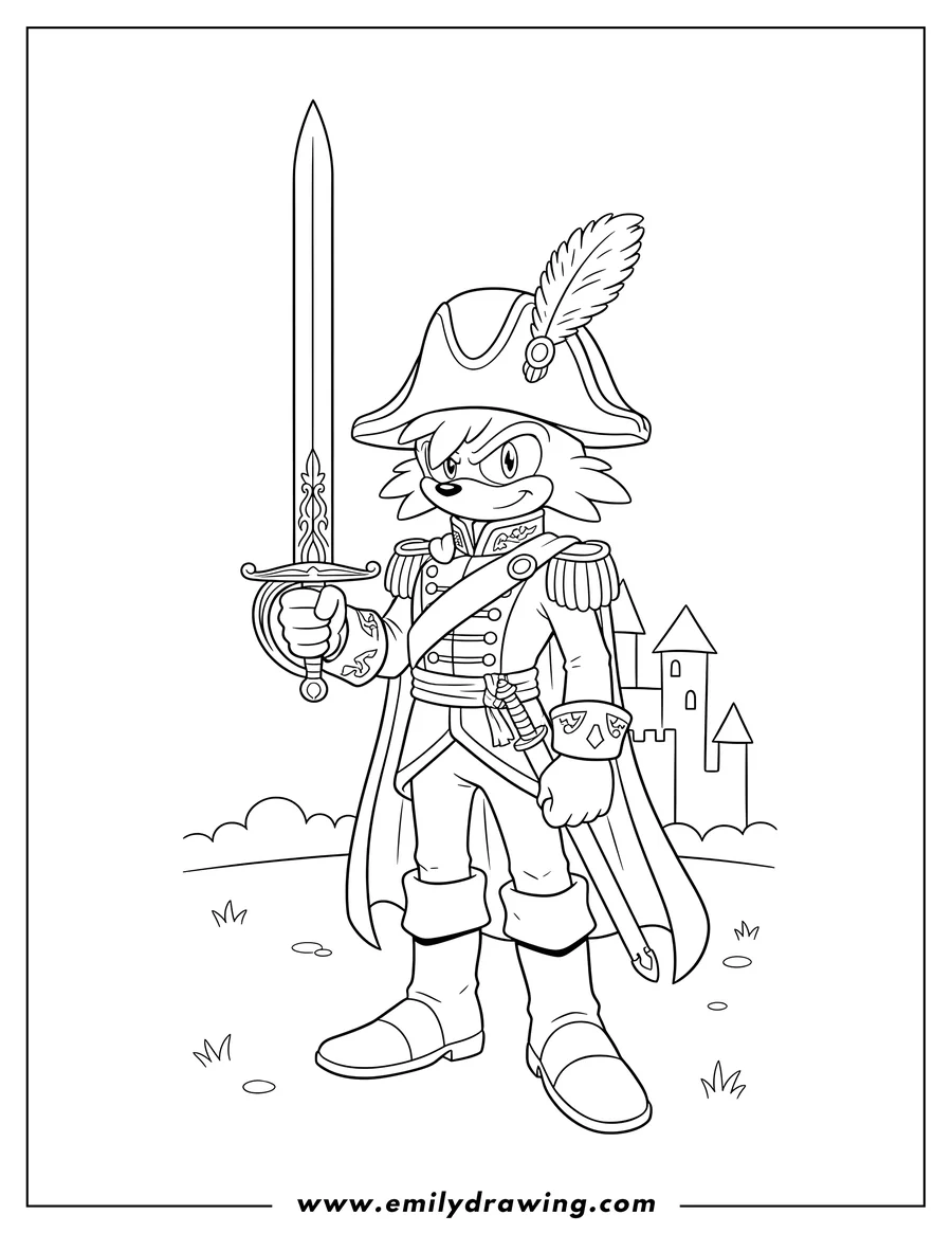 Simple sketch of antoine D Coolette Old Royal Army Uniform, standing and holding a sword to color