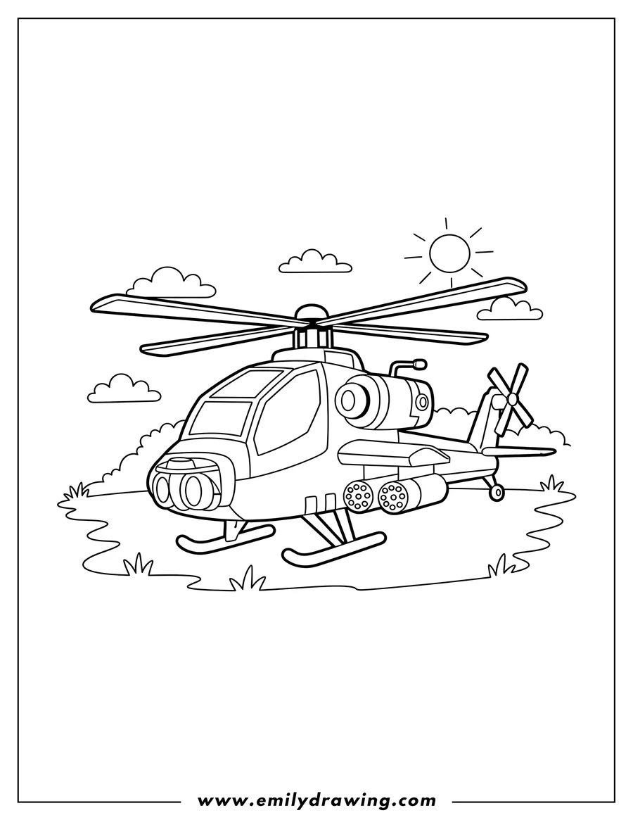 Printable line art of apache Helicopter Scaled, parked on the ground