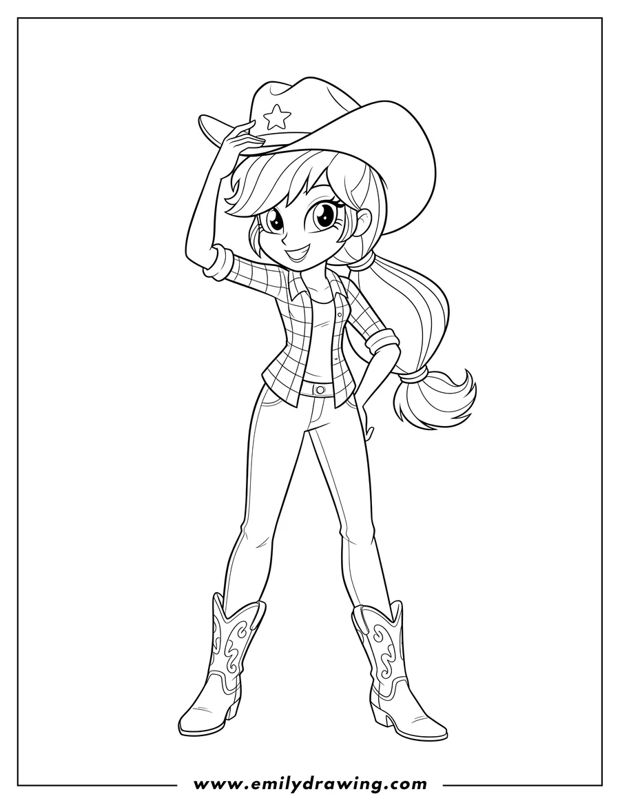 Clean line drawing: applejack Equestria Girls smiling with her hand on her cowboy hat