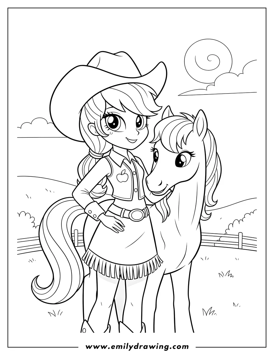 Simple sketch of applejack My Little Pony Equestria Girls in a cowboy hat next to a horse to color