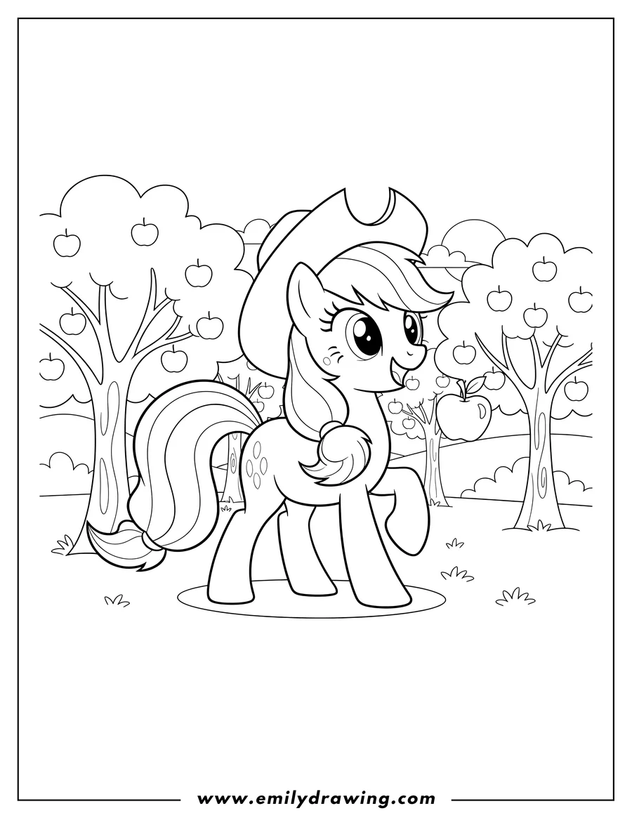 Black and white line art of applejack happily trotting in an apple orchard, wearing her cowboy hat and holding an apple