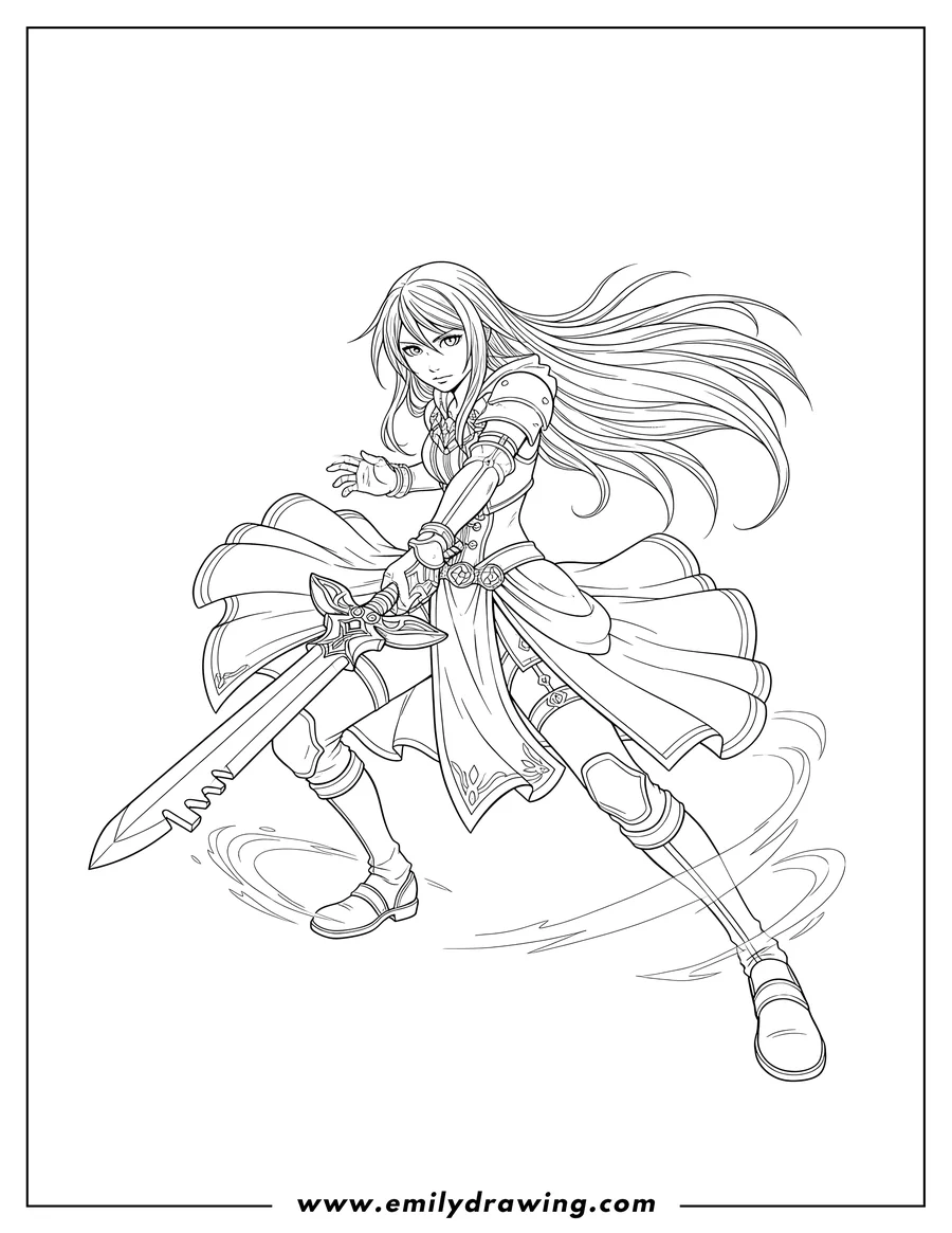Free to print drawing of kingdom Hearts Aqua in a dynamic pose, holding her Keyblade