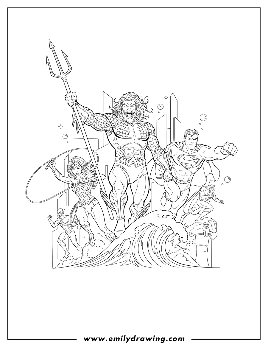 Clean line drawing: aquaman Leading Justice League, roaring with his trident, with Superman flying and Wonder Woman wielding her lasso