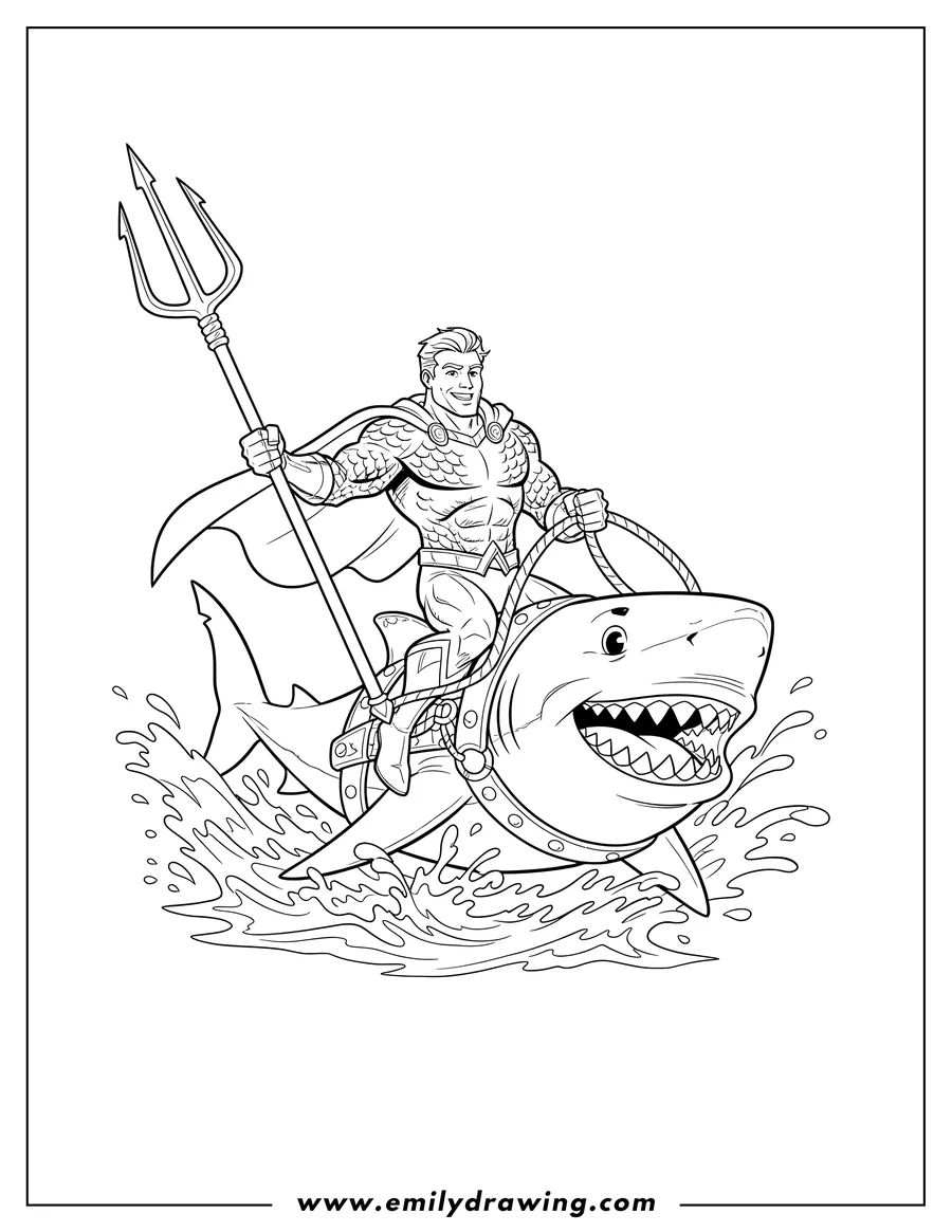 Doodle style coloring picture of aquaman riding a harnessed shark with an open mouth and sharp teeth, holding a trident and reins