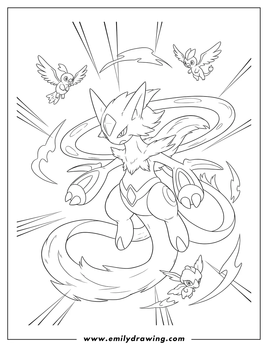 Vector style outline of arceus Trinity Charge Pokemon Card, showing Arceus floating with three small, flying Pokemon