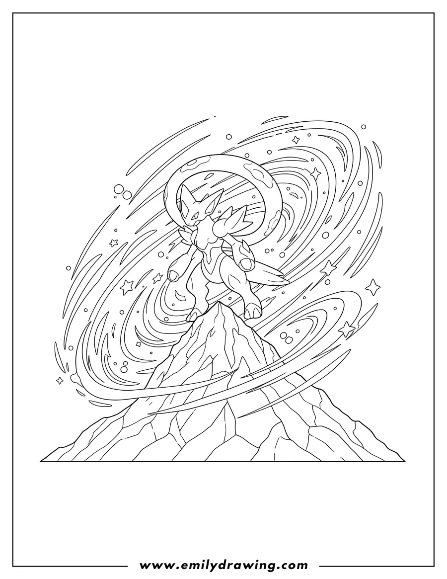 Free printable coloring sheet of arceus Trinity Nova Pokemon Card, featuring Arceus VSTAR standing on a mountain peak with swirling lines