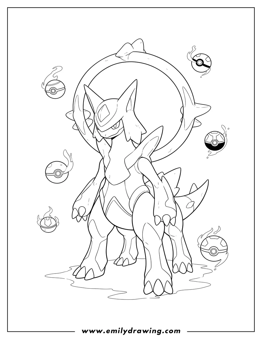 Printable line art of arceus with multiple Poke Balls