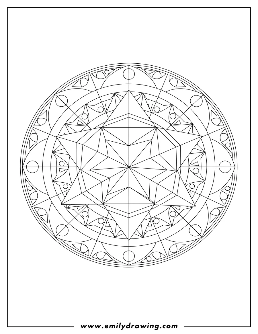 Free printable coloring sheet of arched 3D Star Geometric circular frame with grid pattern