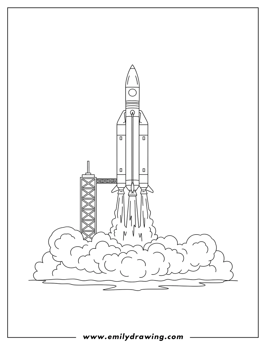 Free printable coloring sheet of ariane 5 Rocket Blasting Off Launch Pad with massive exhaust plumes