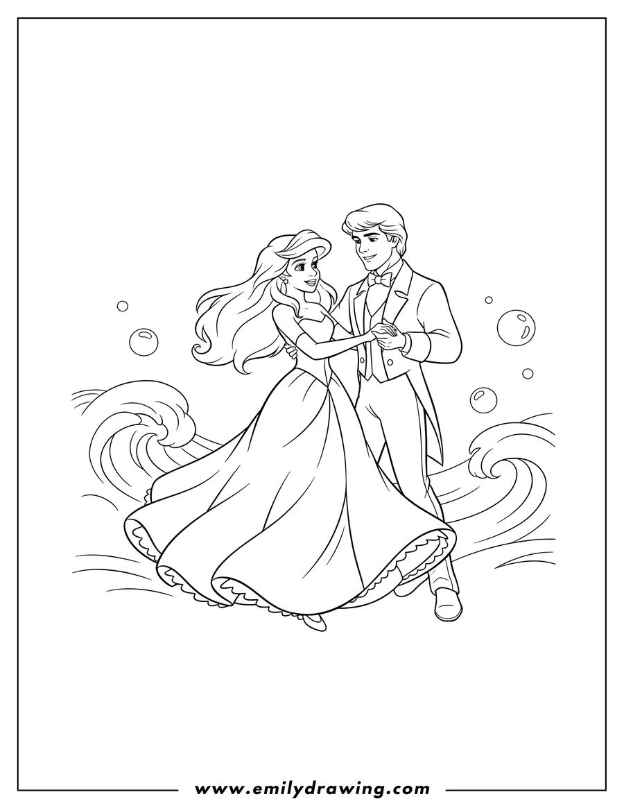 Vector style outline of ariel And Prince Eric Love, dancing and holding hands