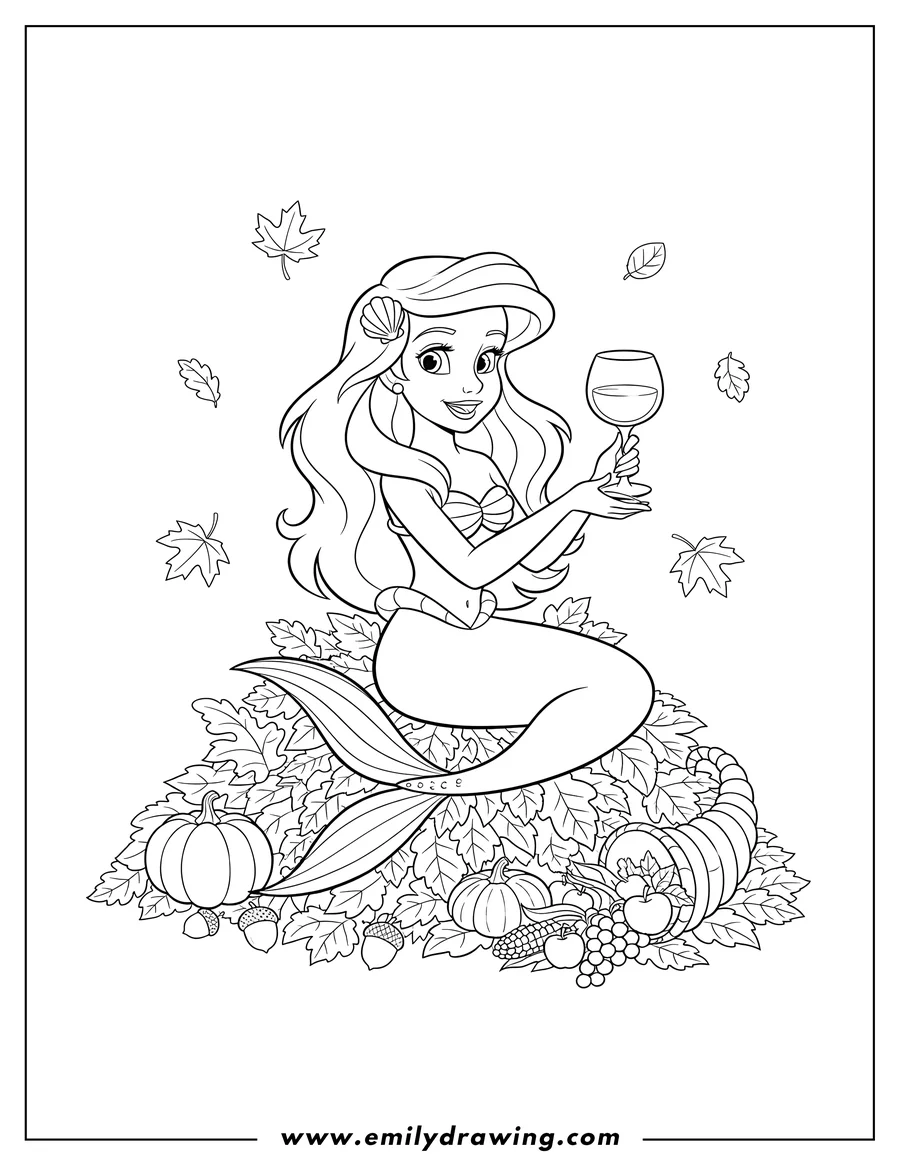 Linear illustration of little Mermaid Ariel sitting and holding a wine glass amidst fall leaves on Thanksgiving