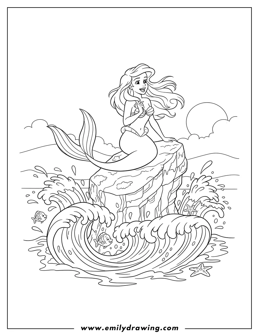 Clean line drawing: ariel Singing On Top Rock, perched amidst splashing waves