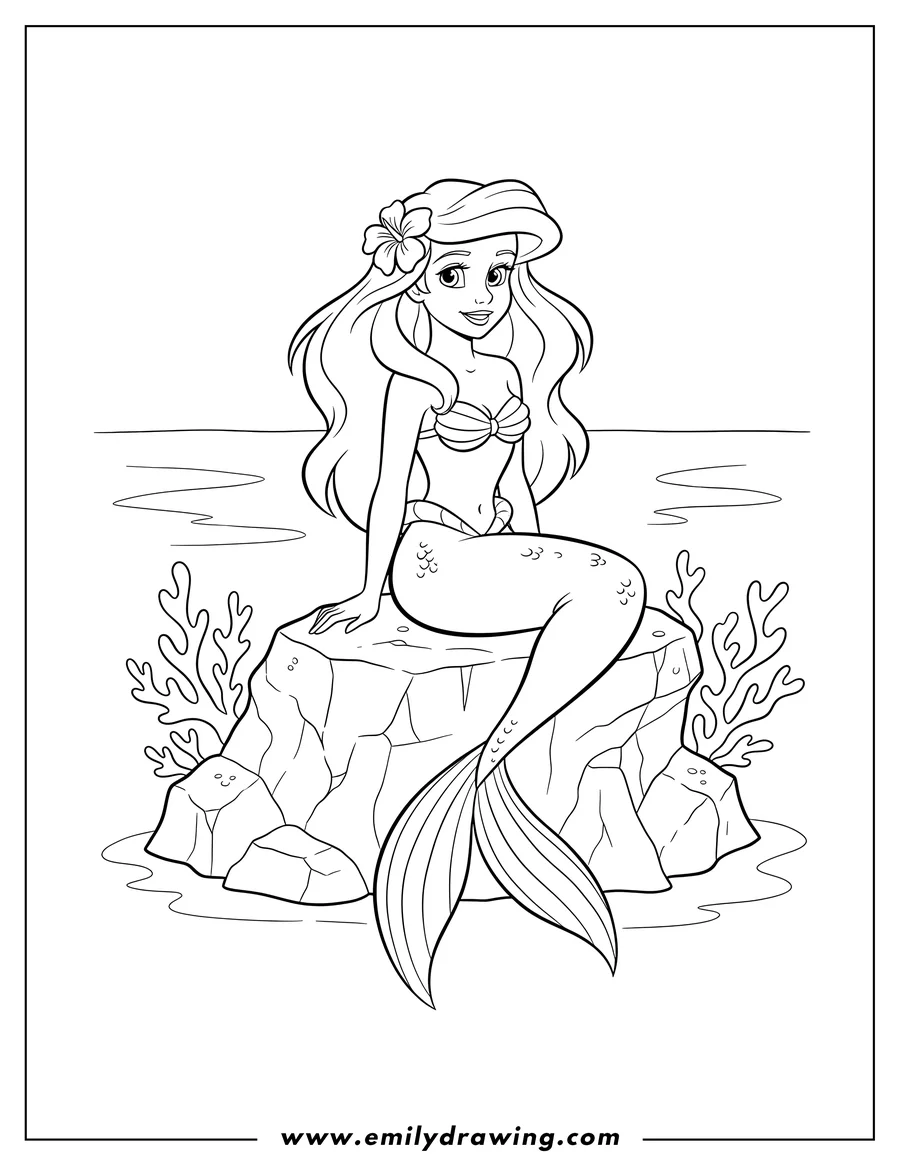 Clean line drawing: ariel Sitting On Rock Disney Adults with long, flowing hair, wearing a flower, and looking forward
