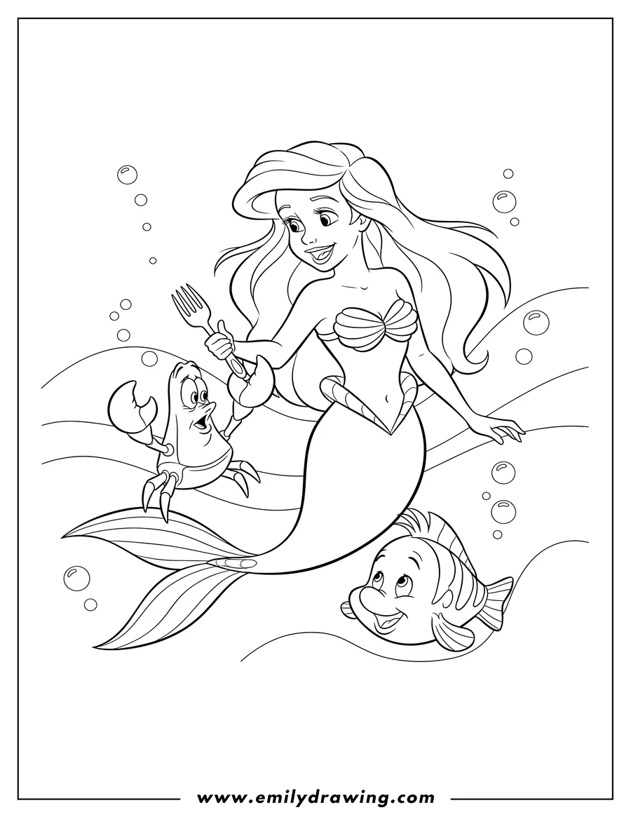 Linear illustration of ariel smiling at Sebastian holding a dinglehopper, with Flounder