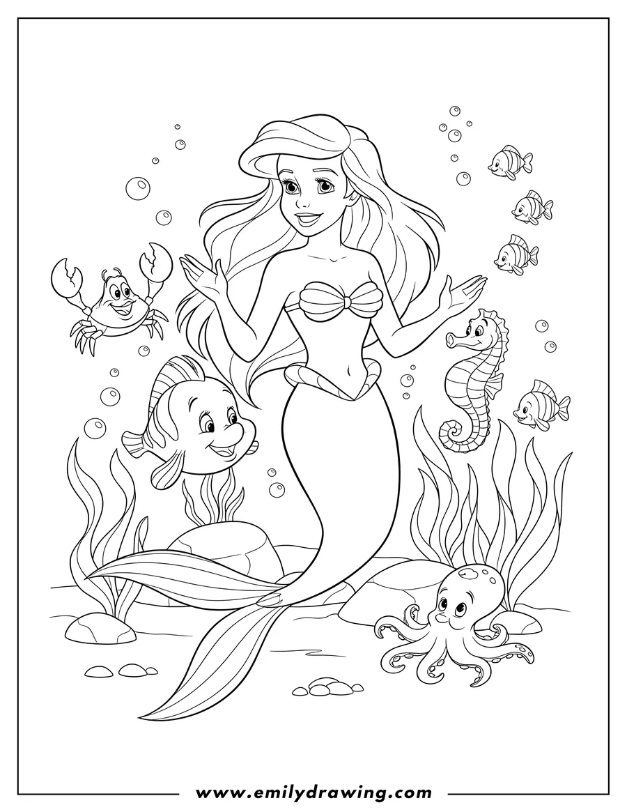 PDF style coloring page: ariel smiling with Flounder and her sea creature friends
