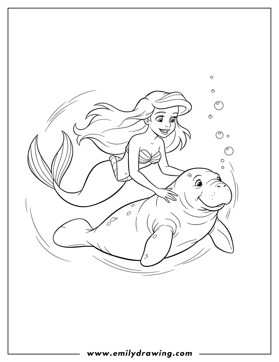 Vector style outline of ariel, smiling, gently touching a large manatee while swimming