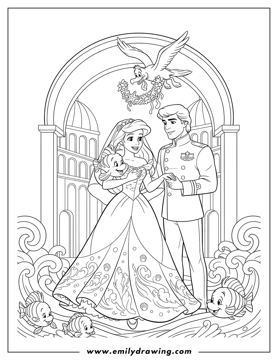 Printable line art of ariel's Wedding To Prince Eric, with Ariel holding Flounder and Scuttle flying overhead