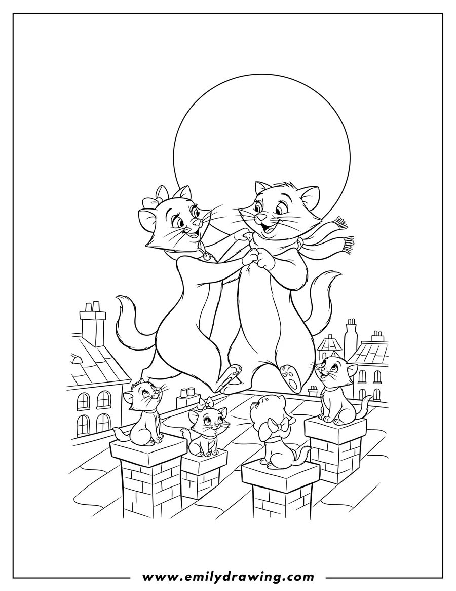 PDF style coloring page: aristocats Duchess and Thomas dancing on rooftop, holding paws, with kittens watching