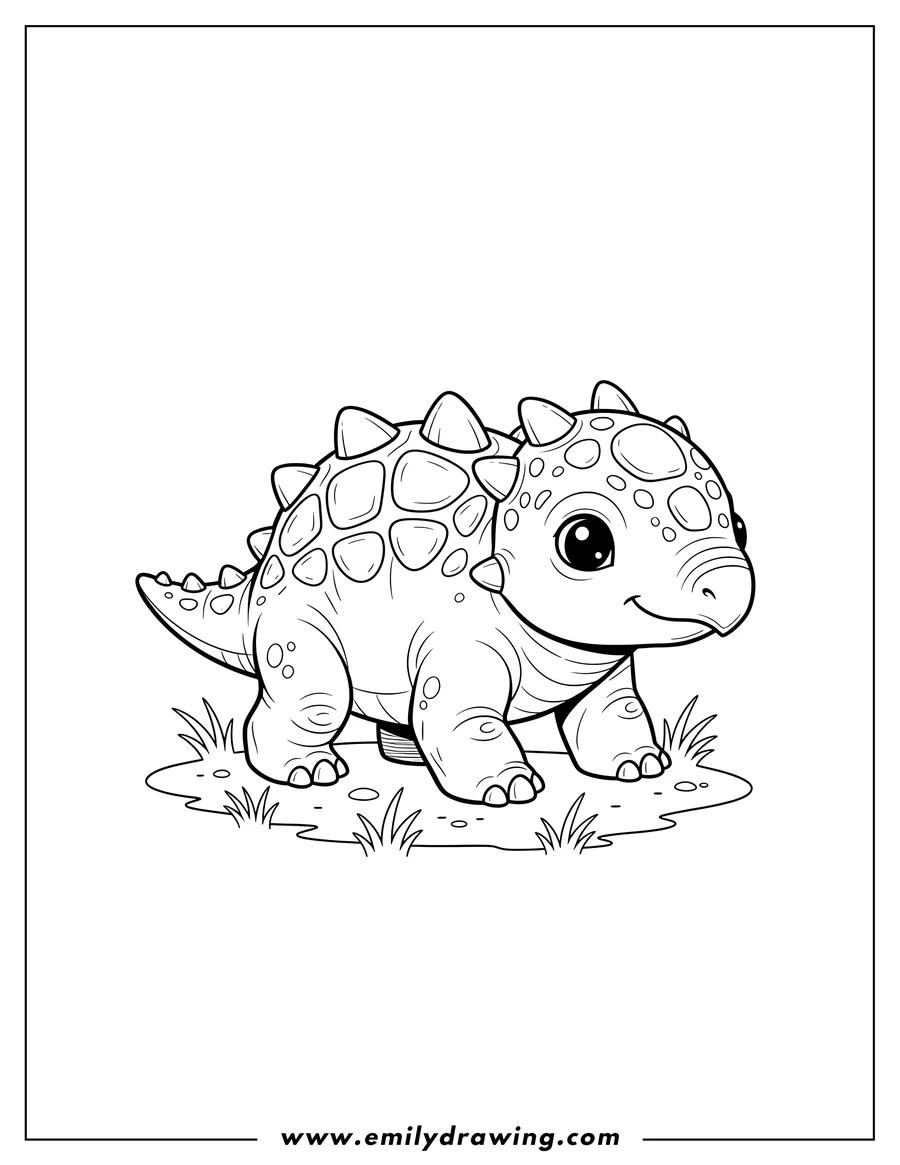 PDF style coloring page: armored baby Ankylosaurus with a spiky back walking on grass