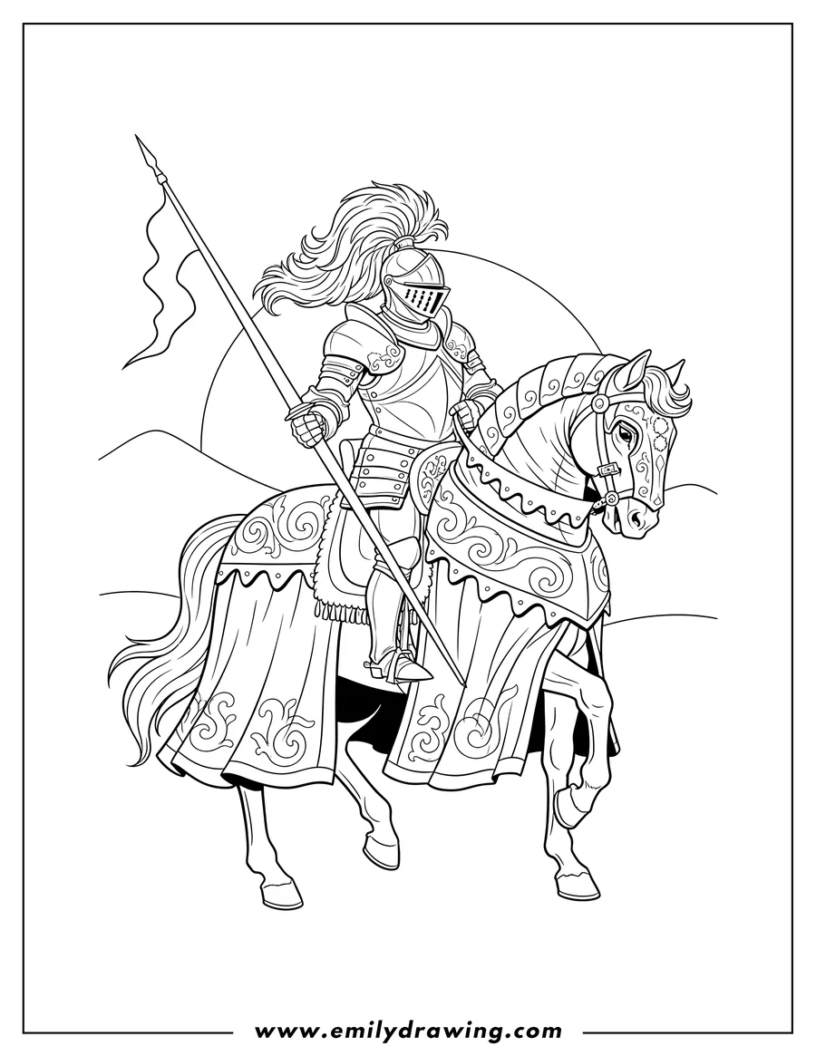 Downloadable coloring page of armored Knight with plumed helmet and lance on a barded horse