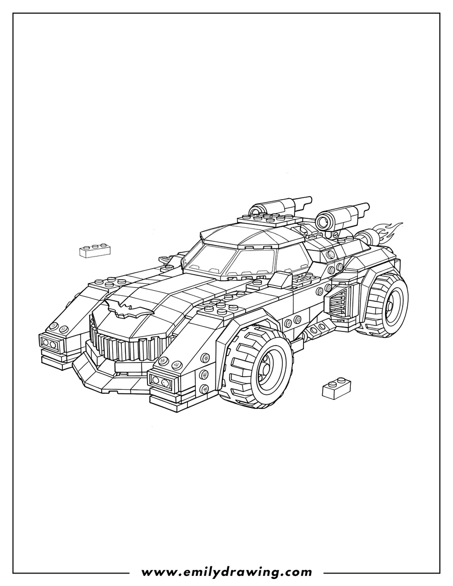 Vector style outline of armored Lego Batmobile to color