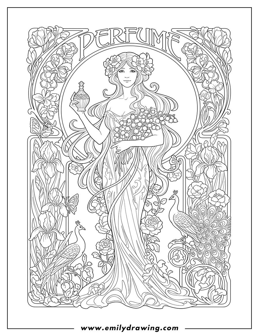 Printable line art of art Nouveau Perfume Poster with an Elegant Woman holding a perfume bottle and flowers in her hair, with 'PERFUME' text, framed by floral motifs