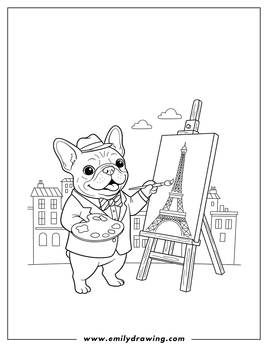 Doodle style coloring picture of artistic French Bulldog in a suit, hat, and bow tie, holding a paintbrush and palette, painting the Eiffel Tower on a canvas at an easel