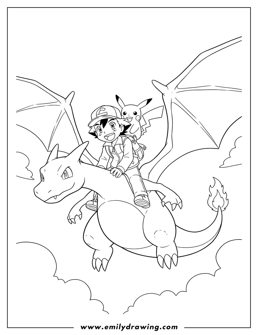 Free to print drawing of ash and Pikachu happily riding Charizard, Pikachu on Ash's shoulder, with Charizard's wings spread