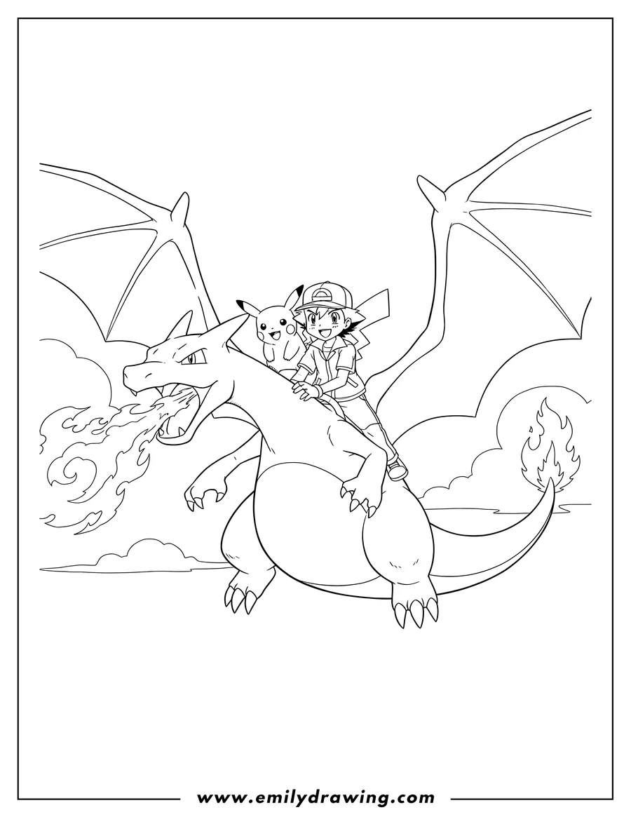 Coloring sheet featuring ash and Pikachu on Charizard's back, Pikachu on Ash's shoulder, Charizard with spread wings, breathing fire