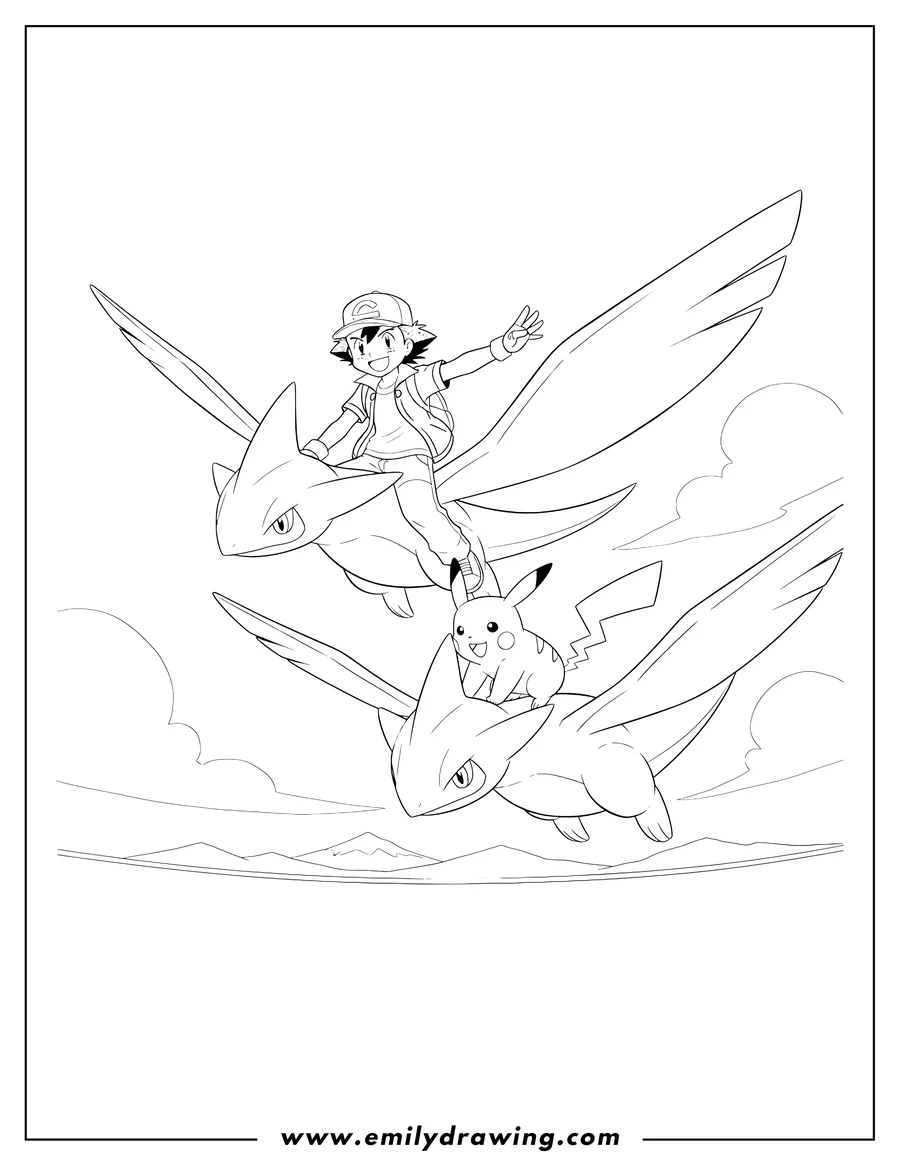 Printable coloring page of ash Ketchum riding Latias and Pikachu riding Latios, flying