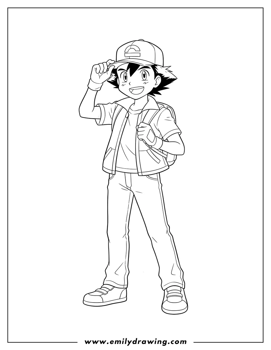 Free printable coloring sheet of ash From Pokemon, standing and tipping his hat