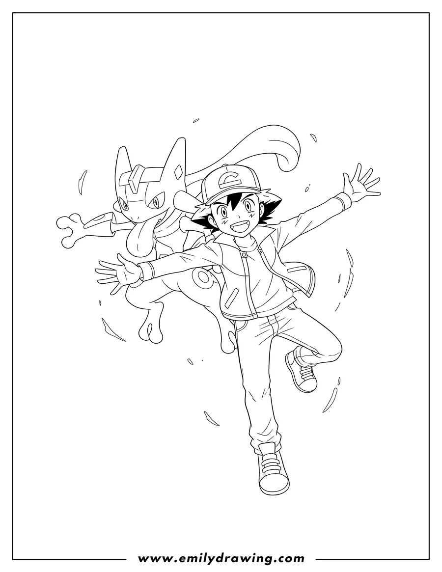 Free printable coloring sheet of ash Ketchum and Ash-Greninja leaping forward, smiling