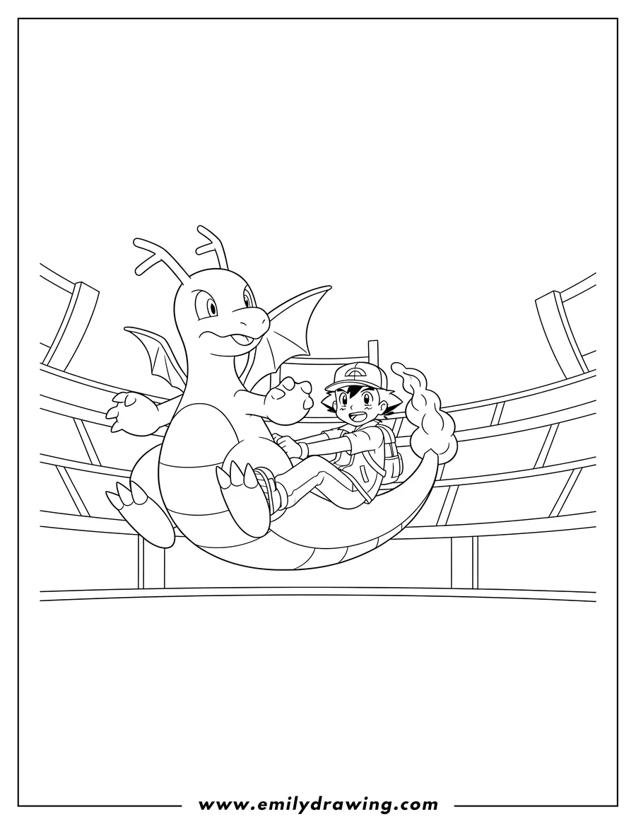 Printable coloring page of ash Ketchum holding Dragonite's tail, a surprised Dragonite, in a Pokemon Battle Stadium