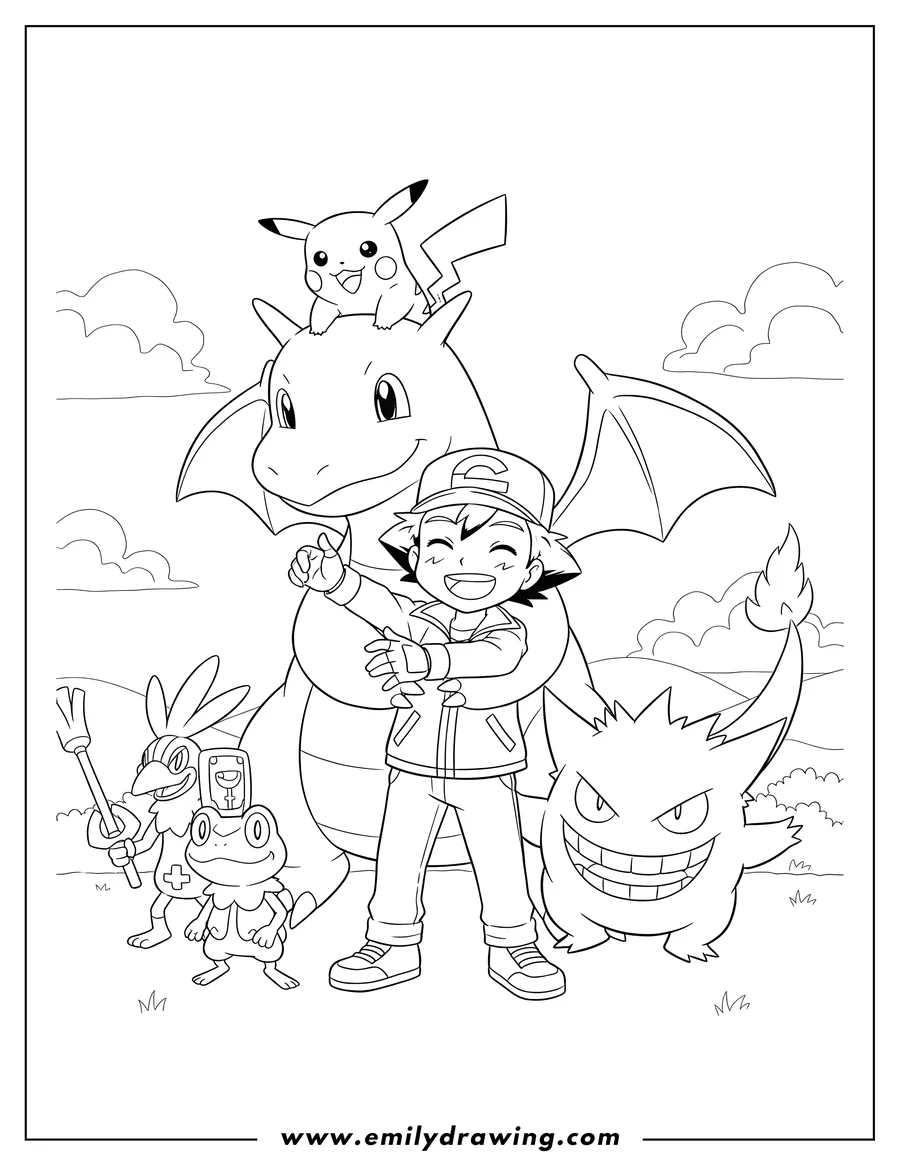 Linear illustration of ash Ketchum smiling, hugged by Dragonite, with Pikachu, Gengar, Froakie, and Sirfetch'd