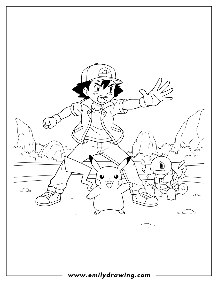 Printable line art of ash Ketchum in a Pokemon Battle, shouting and reaching out his hand