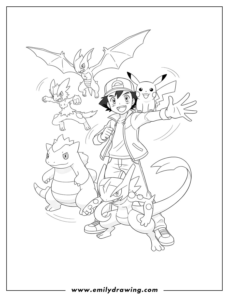 Full page coloring image of ash Ketchum smiling and extending his arm, with Pikachu, Greninja, Noivern, Goodra, and Hawlucha in a dynamic group pose