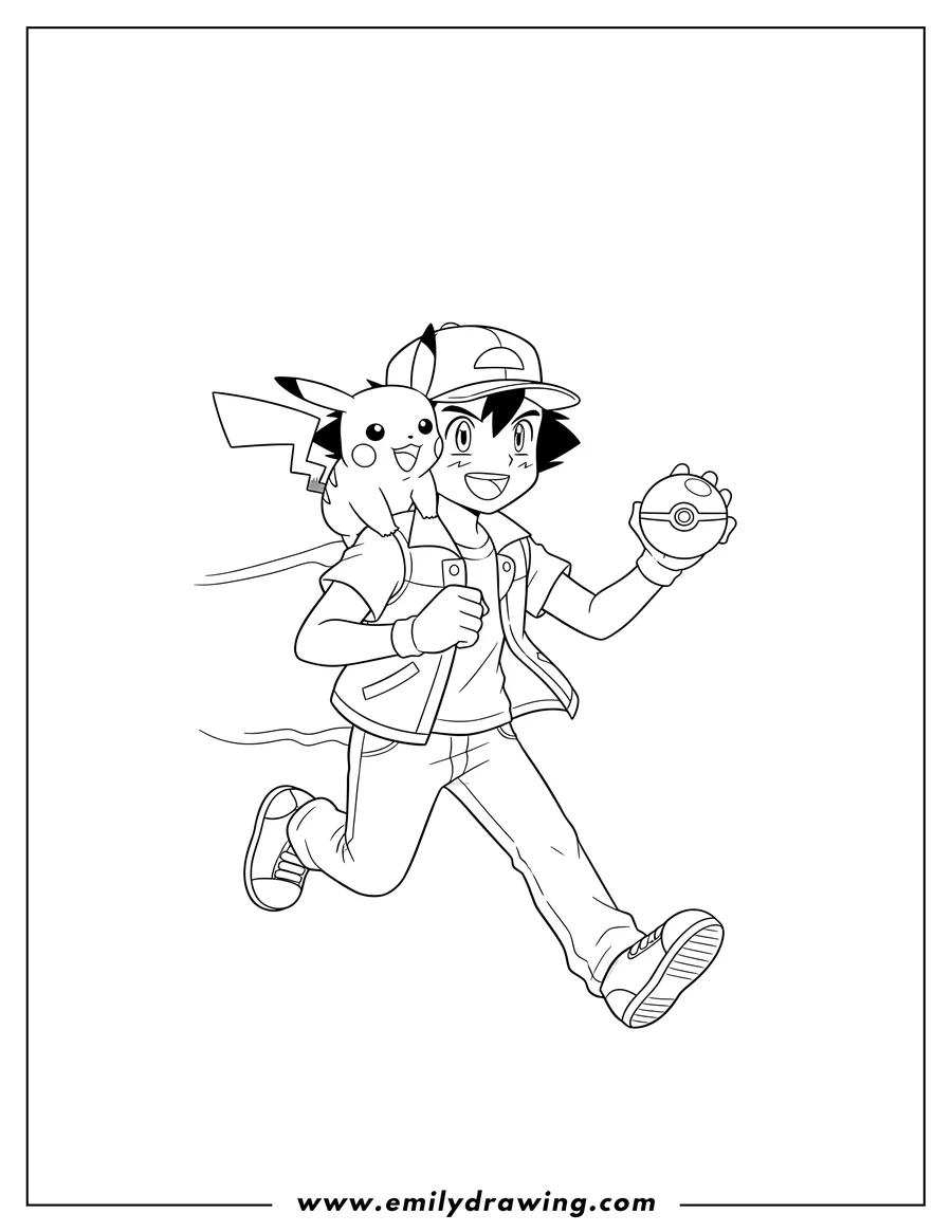 Coloring page of ash running with Pikachu on his shoulder, holding a Poké Ball, to color